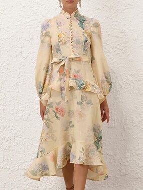 Zimmermann Illuminate Peplum Pale Yellow Midi Dress w/Tie Waist!SIZE 4(US 10-12)